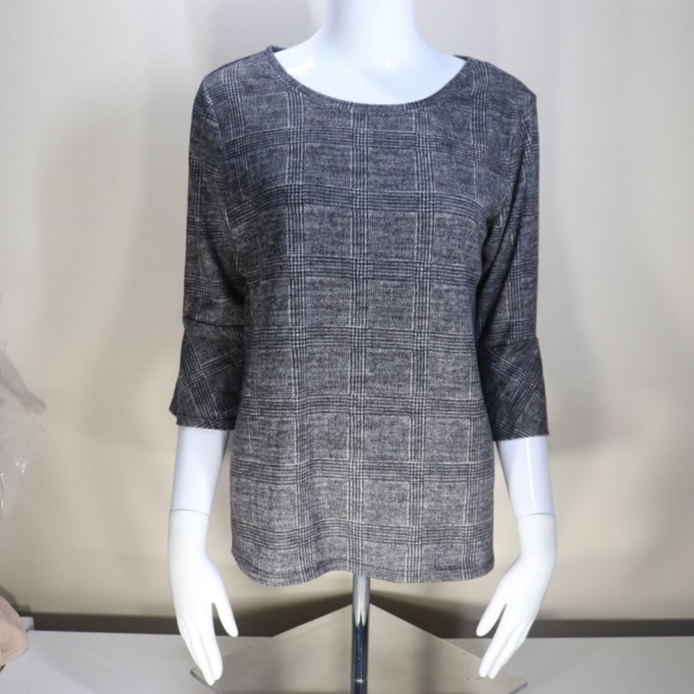Apt 9 Bell 3 4 Sleeve Plaid Gray Blouse Small
